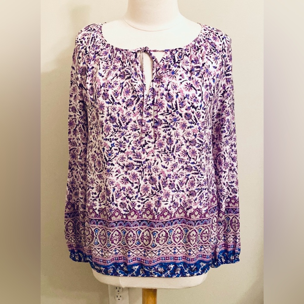 Lucky Brand Purple Blue Ditsy Floral Geometric SZ M Cottagecore Boho Chic Top